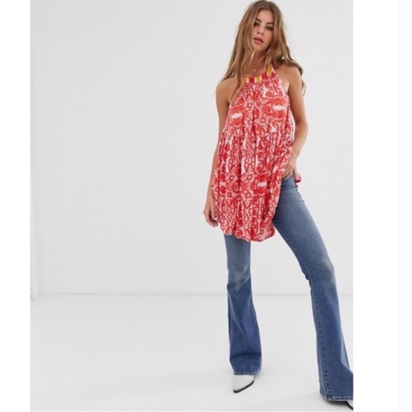 FREE PEOPLE LINEN BLEND FLOWY SLEEVELESS HALTER STYLE TUNIC TOP NWT - Picture 9 of 16